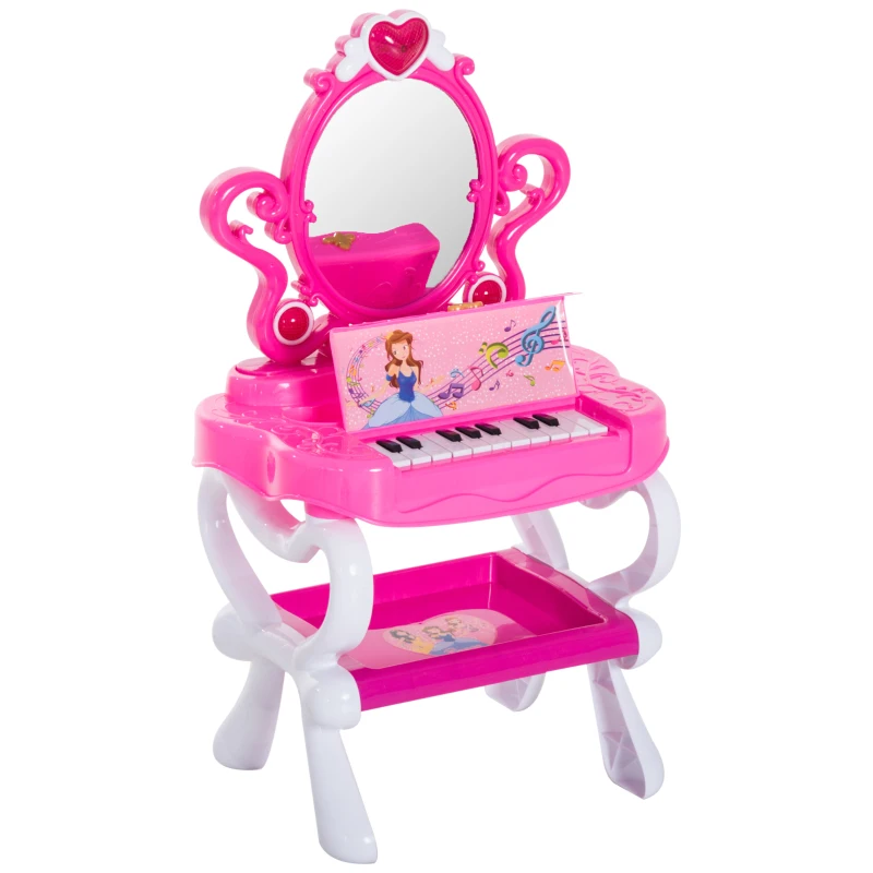 Qaba 2-in-1 Kids Piano Vanity Table Stool Princess Pretend Play Set with Lights