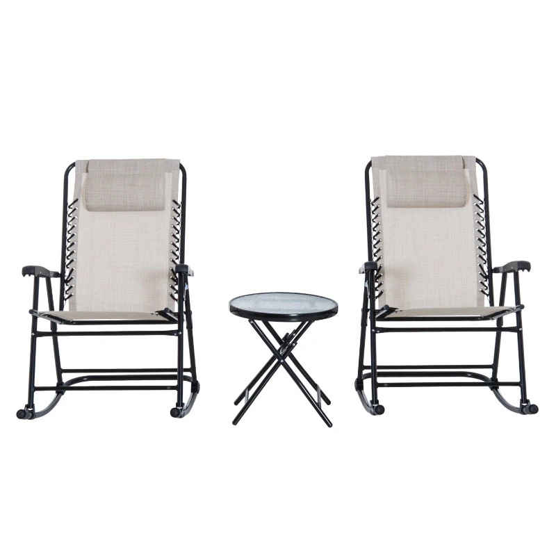 Outsunny Outdoor Sling Mesh Lounger Folding Rocking Chair Patio Table Seating Set - Cream White