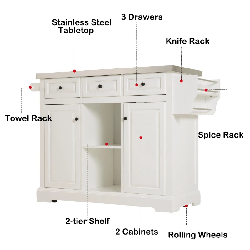 HomCom 51" x 18" x 36" Pine Wood Stainless Steel Portable Multi-Storage Kitchen Rolling Island Cart with Wheels - White