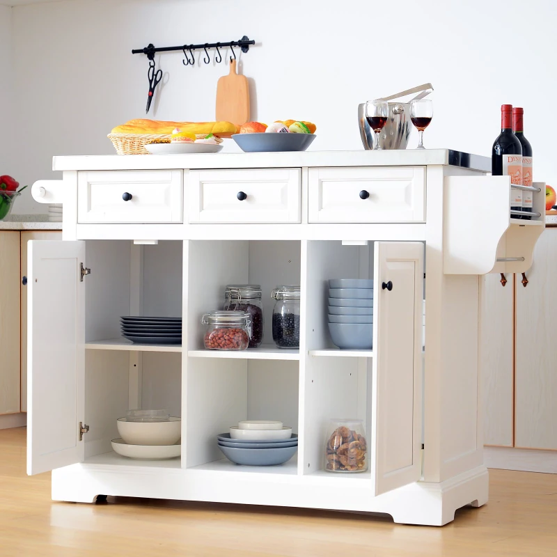 HomCom 51" x 18" x 36" Pine Wood Stainless Steel Portable Multi-Storage Kitchen Rolling Island Cart with Wheels - White