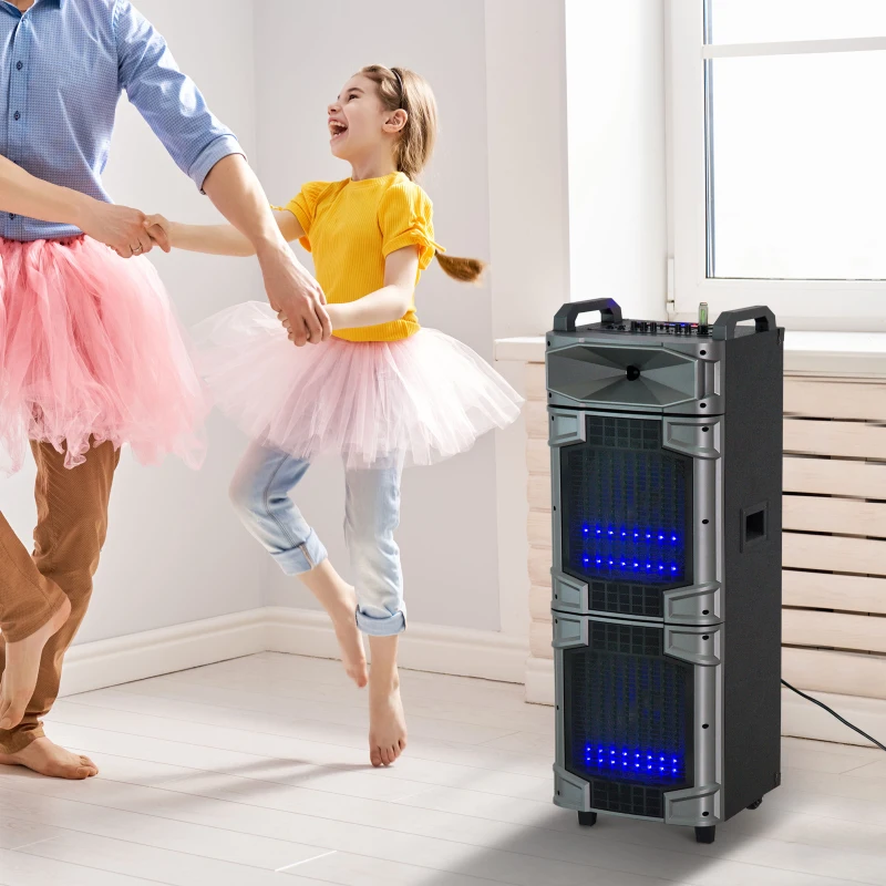 HomCom 80 Watt Portable Remote Control LED Bluetooth Dual Speaker System with Wheels