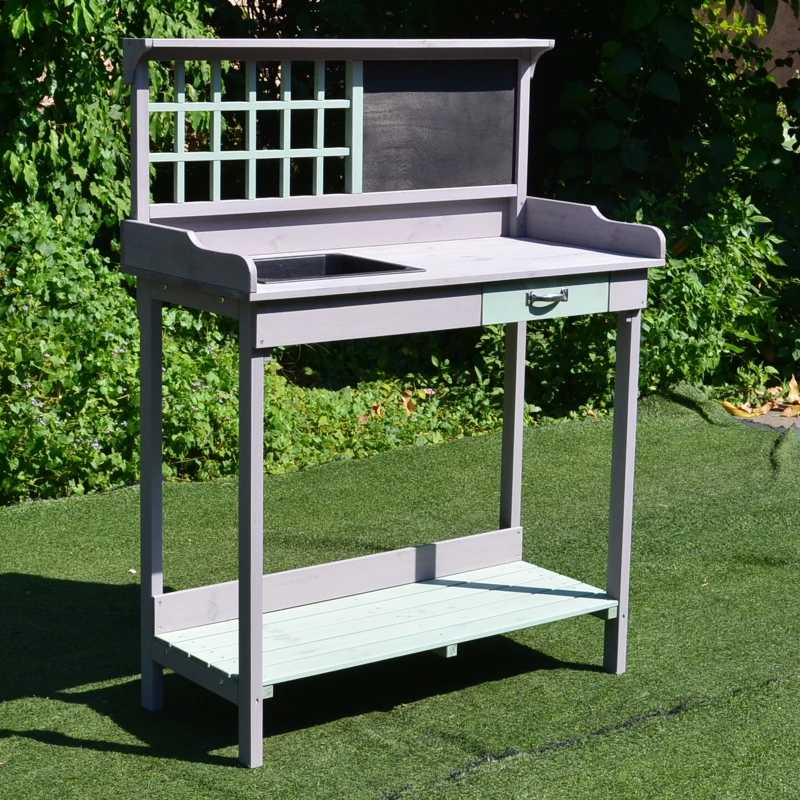 Outsunny Outdoor Rustic Wooden Potting Bench Garden Planting Table with Storage