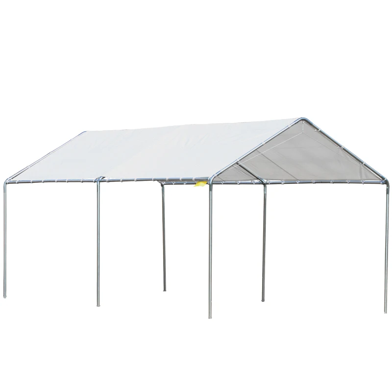 Outsunny Large 2-Bay Vehicle Awning Shelter Portable Garage Cover w/ Simple Setup and Sturdy Anchor Kit - White