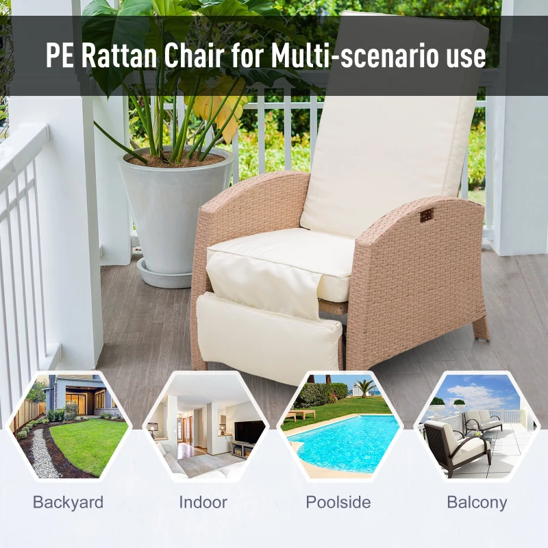 Outsunny Outdoor Rattan Wicker Adjustable Recliner Lounge Chair with Drink Tray & Stylish Contemporary Design - Beige