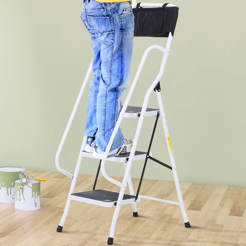 HOMCOM Folding 3 Step Stool Ladder with Safety Rails and Tool Bag Holder