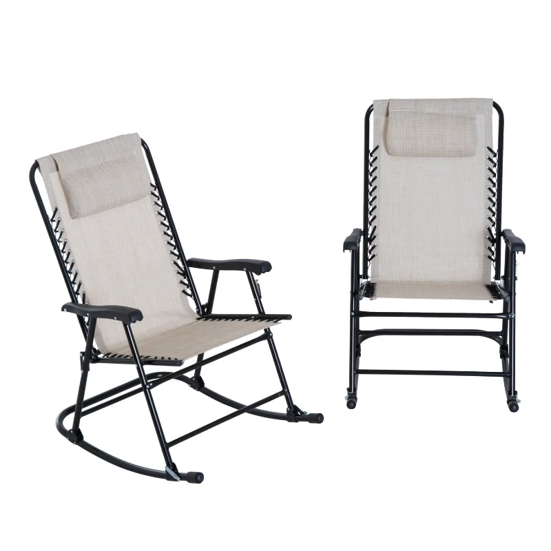 Outsunny Outdoor Sling Mesh Lounger Folding Rocking Chair Patio Table Seating Set - Cream White