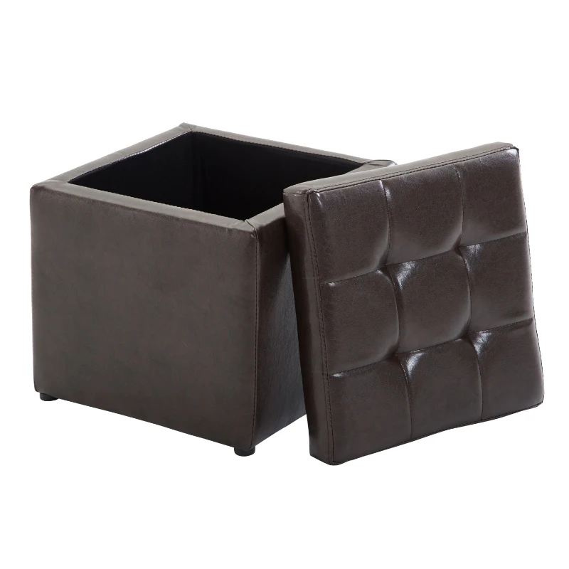 HomCom 16” Cube Faux Leather Tufted Storage Ottoman Footrest Seat - Dark Brown