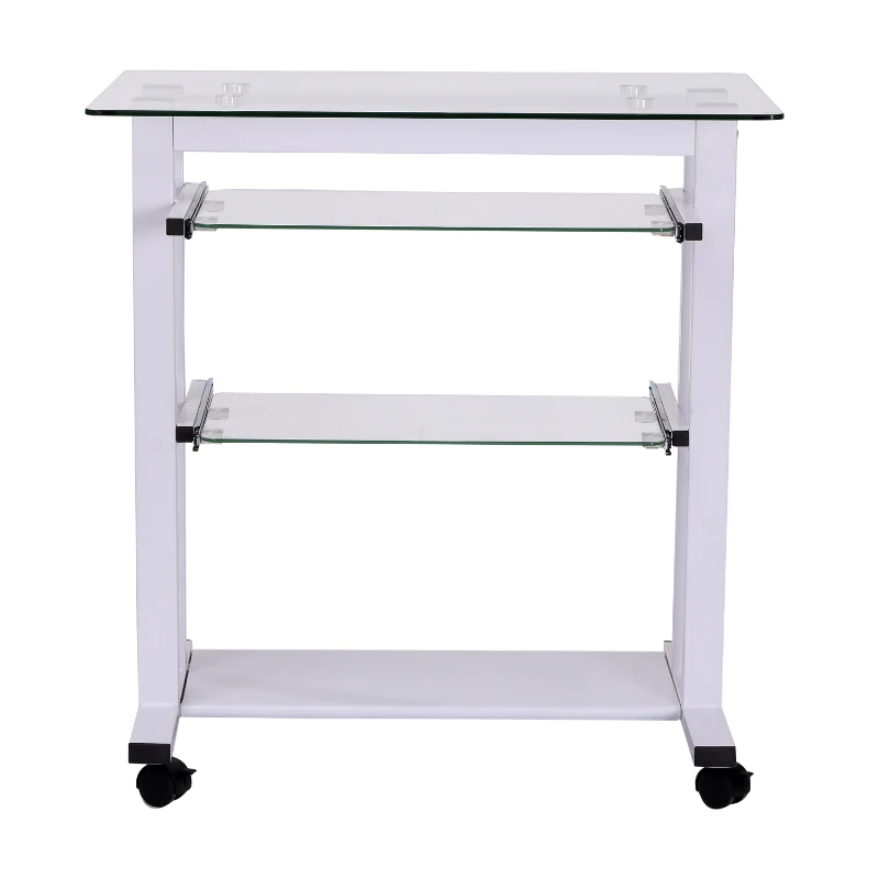 HomCom 33" Contemporary Glass Top Portable Workstation Desk Cart With Shelves - White