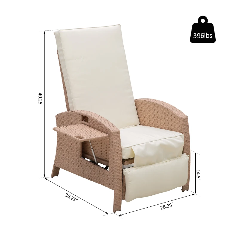 Outsunny Outdoor Rattan Wicker Adjustable Recliner Lounge Chair with Drink Tray & Stylish Contemporary Design - Beige