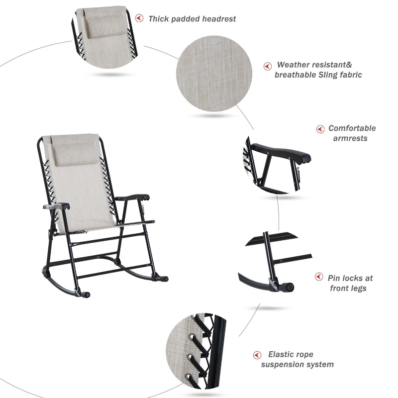 Outsunny Outdoor Sling Mesh Lounger Folding Rocking Chair Patio Table Seating Set - Cream White