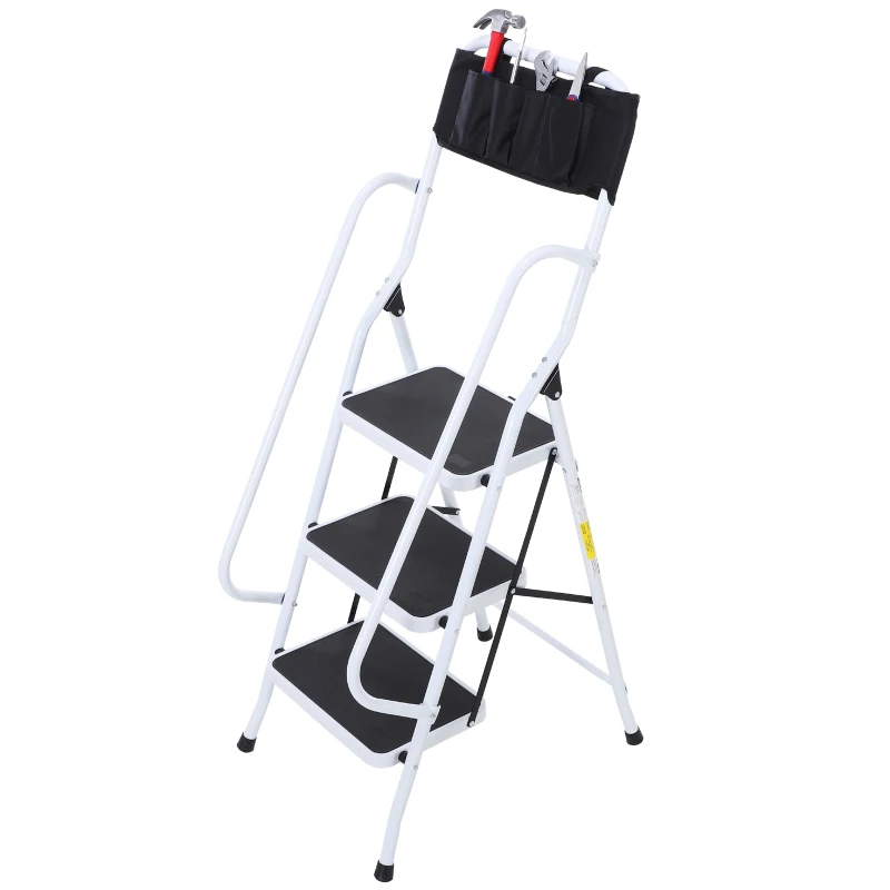 HOMCOM Folding 3 Step Stool Ladder with Safety Rails and Tool Bag Holder