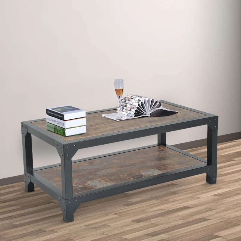 HomCom Rustic Wood Industrial Style Metal Frame Coffee Table