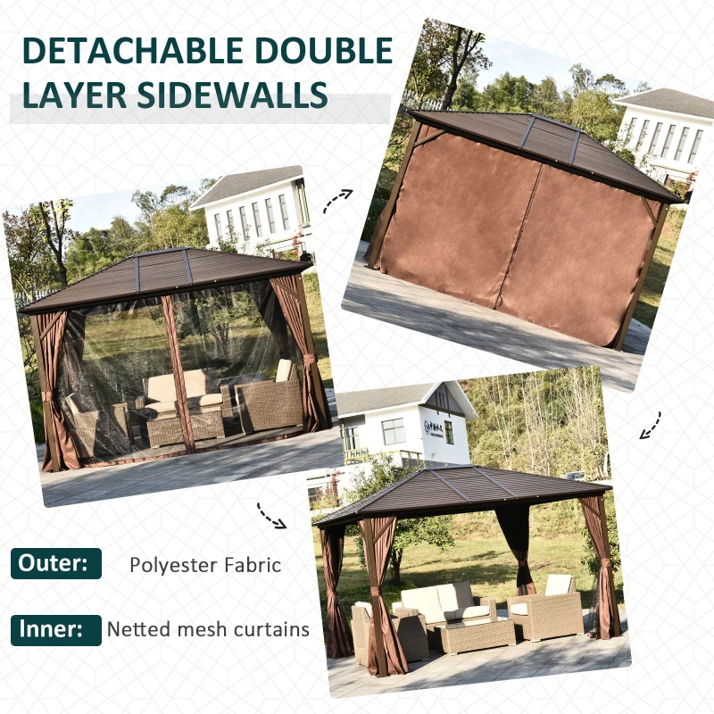 Outsunny 10'x12' Hardtop Gazebo with Mesh Curtains & Steel Slat Canopy, Outdoor Shelter for Patio, Garden, Brown