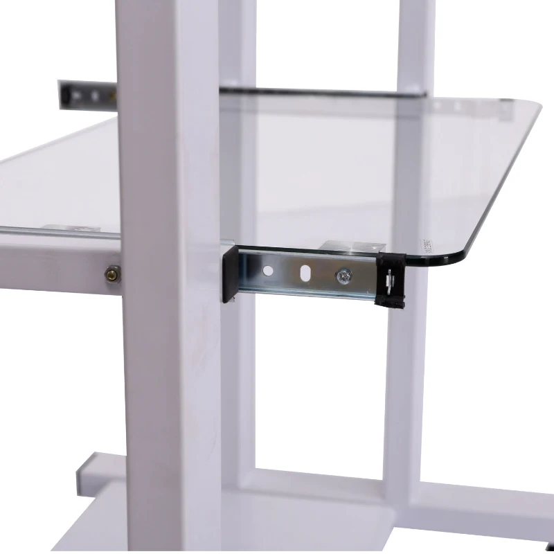 HomCom 33" Contemporary Glass Top Portable Workstation Desk Cart With Shelves - White