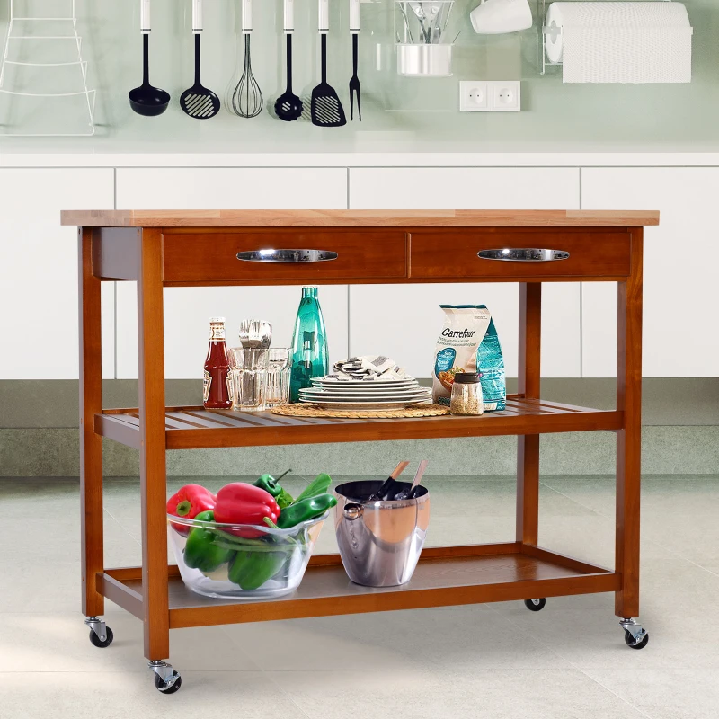 HomCom 44" 3-Tier Rubberwood Kitchen Island Cart on Wheels - Brown