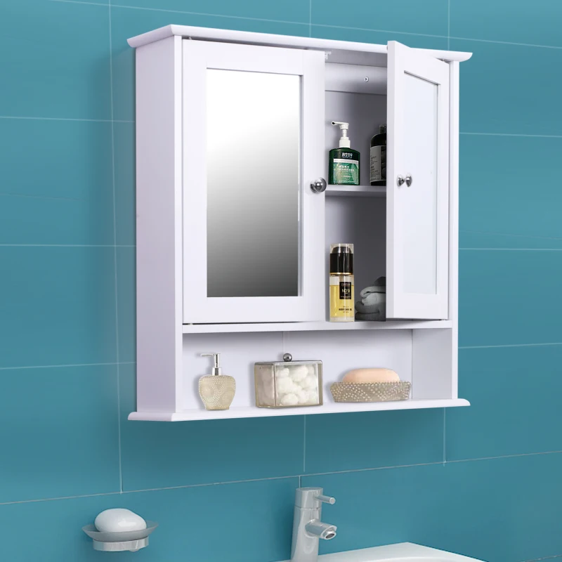 Kleankin Wall Mounted Bathroom Storage Cabinet with Mirror and Double Doors - White
