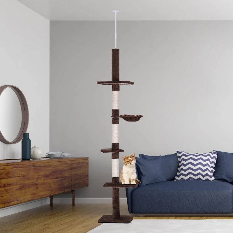 PawHut 106" Adjustable Height Floor-To-Ceiling Vertical Cat Tree - Brown and Cream