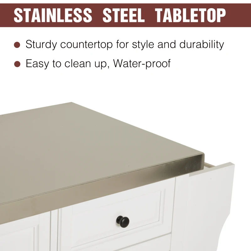 HomCom 51" x 18" x 36" Pine Wood Stainless Steel Portable Multi-Storage Kitchen Rolling Island Cart with Wheels - White