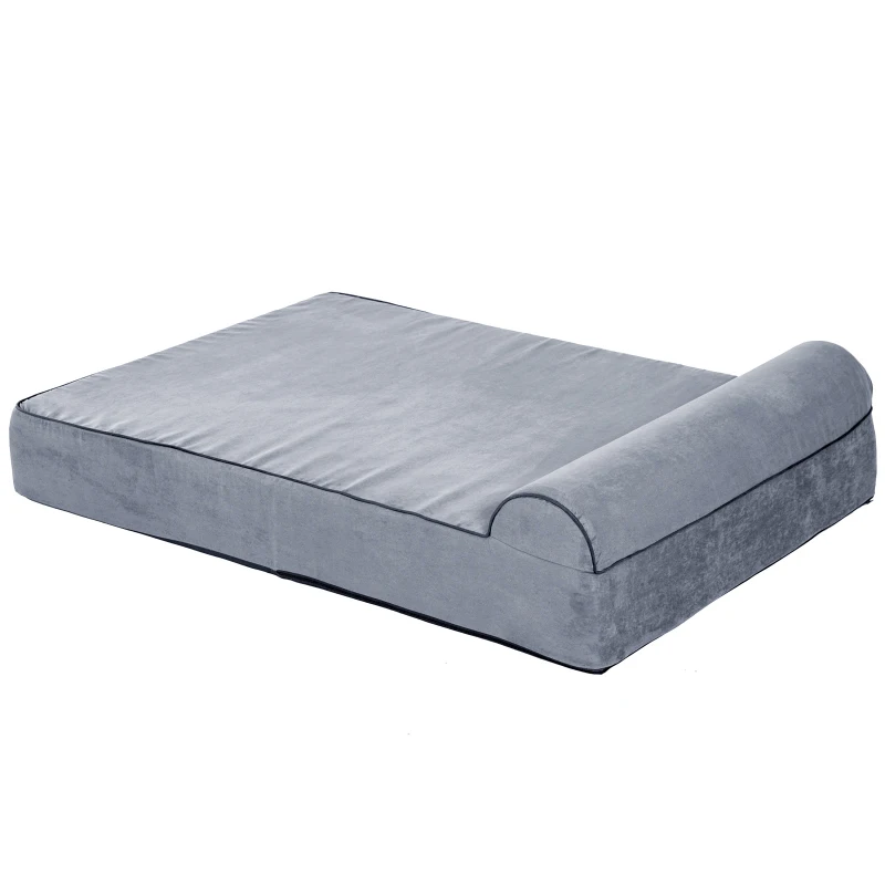 PawHut Orthopedic 52" x 36" Suede Padded Pet Dog Bed  Memory Foam Bolster with Pillow - Grey with Navy Blue Liner