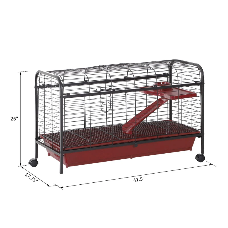 PawHut 42" Metal Wire Small Animal Pet Cage Rabbit Guinea Pig Play House with Wheels and Ramp - Red and Black