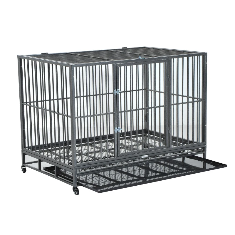 PawHut 48" Heavy Duty Steel Dog Crate Kennel Pet Cage w/ Wheels - Grey Vein