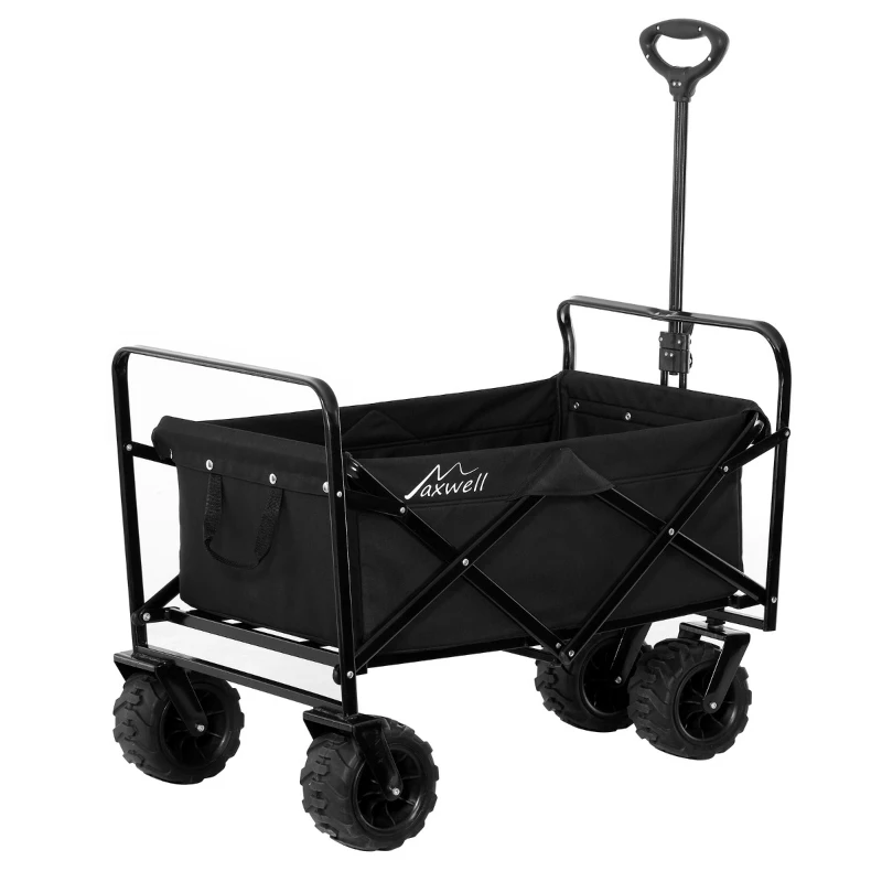 Aosom Utility Folding Wagon Big Wheels Compact Outdoor Garden Cart with Steel Structure for Shopping, Fishing, Camping, Beach - Black