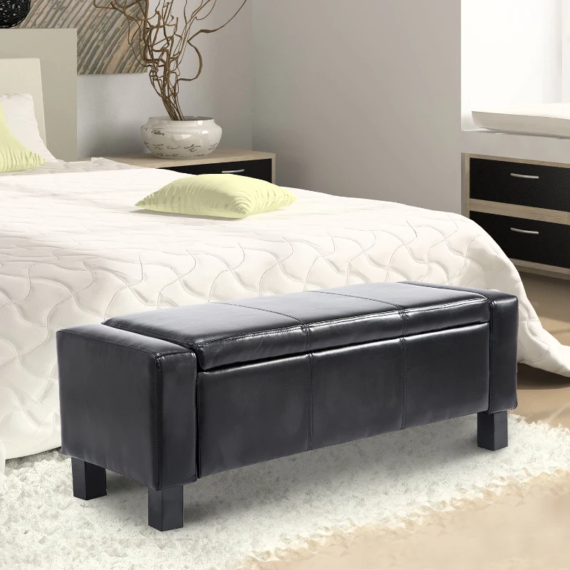 HomCom 42" Large Rectangular Faux Leather Ottoman Storage Bench with Hinged Top - Glossy Black