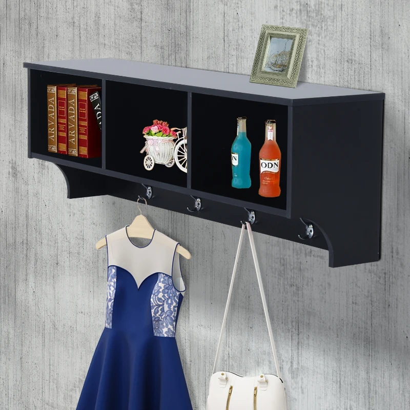 HomCom 48” Modern Floating Combination Storage Shelf Cubby Coat Rack - Matte Black
