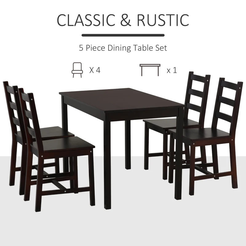 HomCom 5 Piece Family Rustic Solid Pine Wood Table and Chairs Kitchen Dining Set - Brown