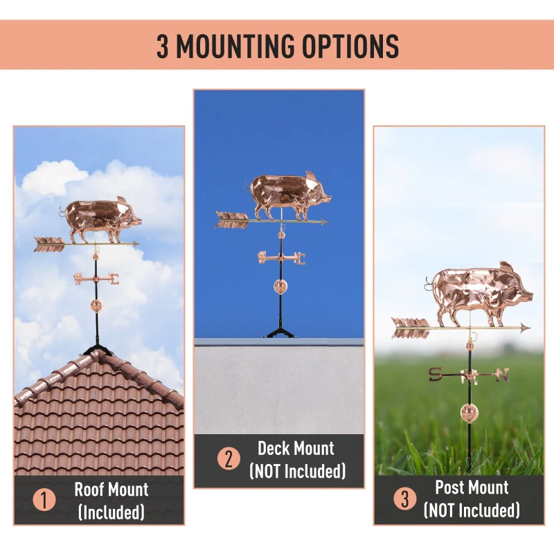 Outsunny Accent Pig Weather Vane - Pure Copper w/ Roof Mount Décor