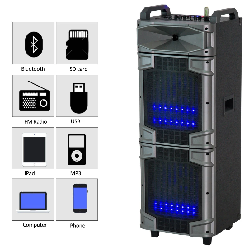 HomCom 80 Watt Portable Remote Control LED Bluetooth Dual Speaker System with Wheels