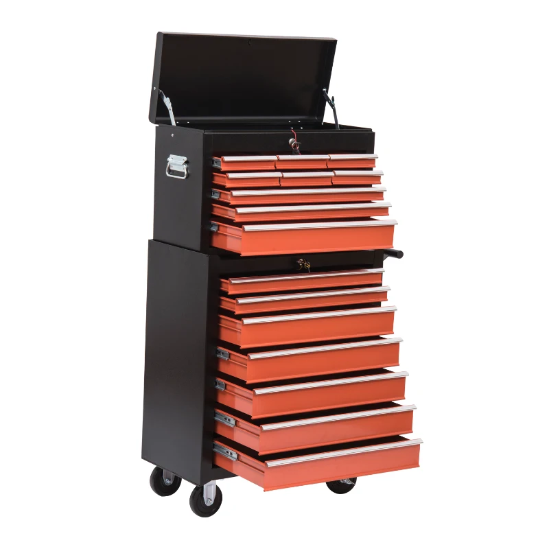 HomCom Rolling Garage Tool Chest Cabinet with 16 Drawers - Black and Orange