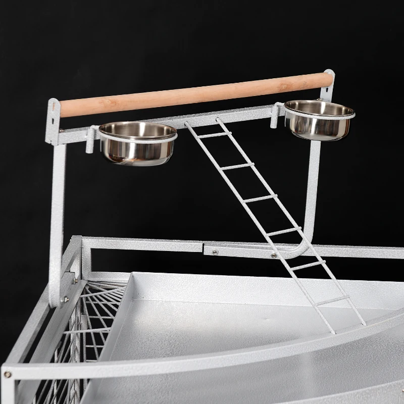 Pawhut Large Corner Playtop Bird Cage w/ Stand and Wheels - 38" x 27" x 59" - White Vein