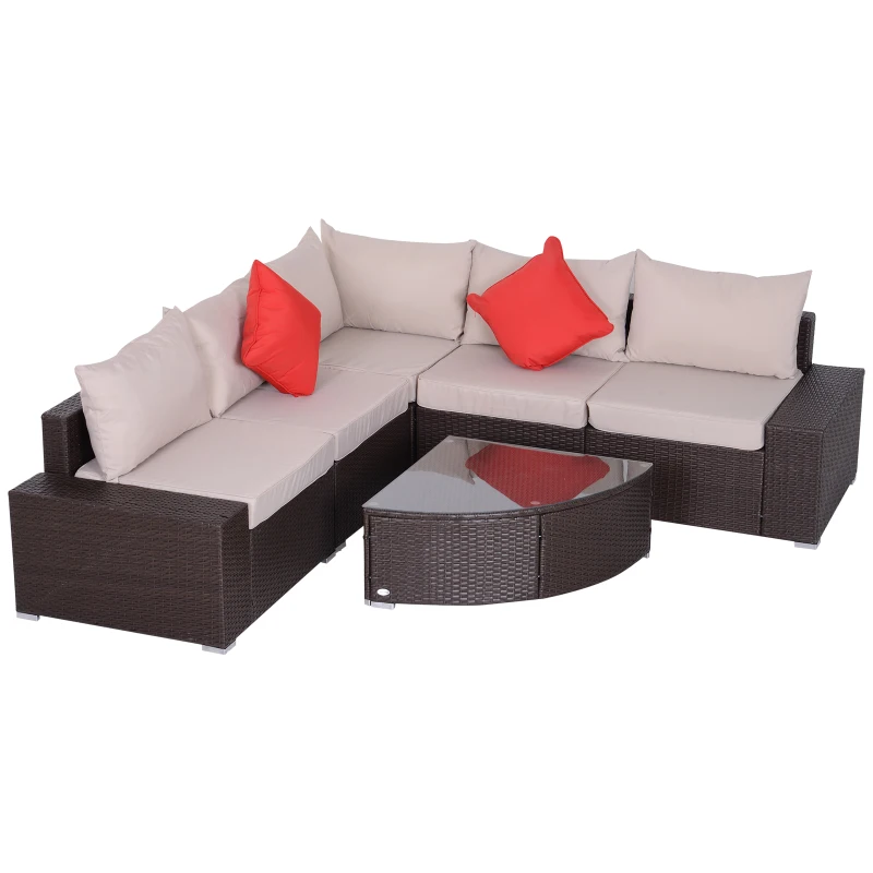 Outsunny 6 Piece Wicker Rattan Outdoor Patio Fan Shape Glass Coffee Table Furniture Set