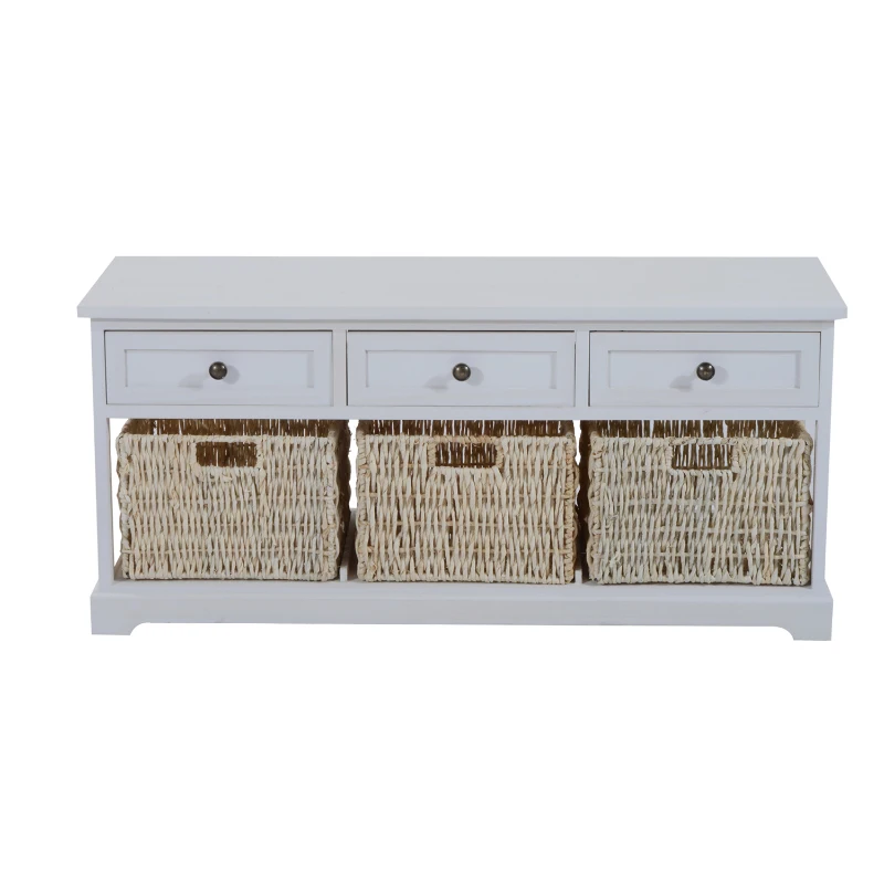 HomCom 40" Rustic Wooden 3 Drawers and Baskets Storage Bench - Antique White