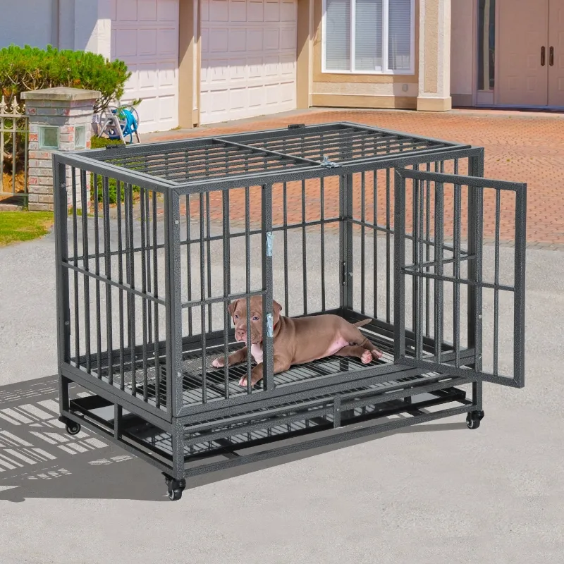 PawHut 36" Heavy Duty Chew Resistant Steel Pet Dog Crate Kennel Cage with Wheels - Grey Vein