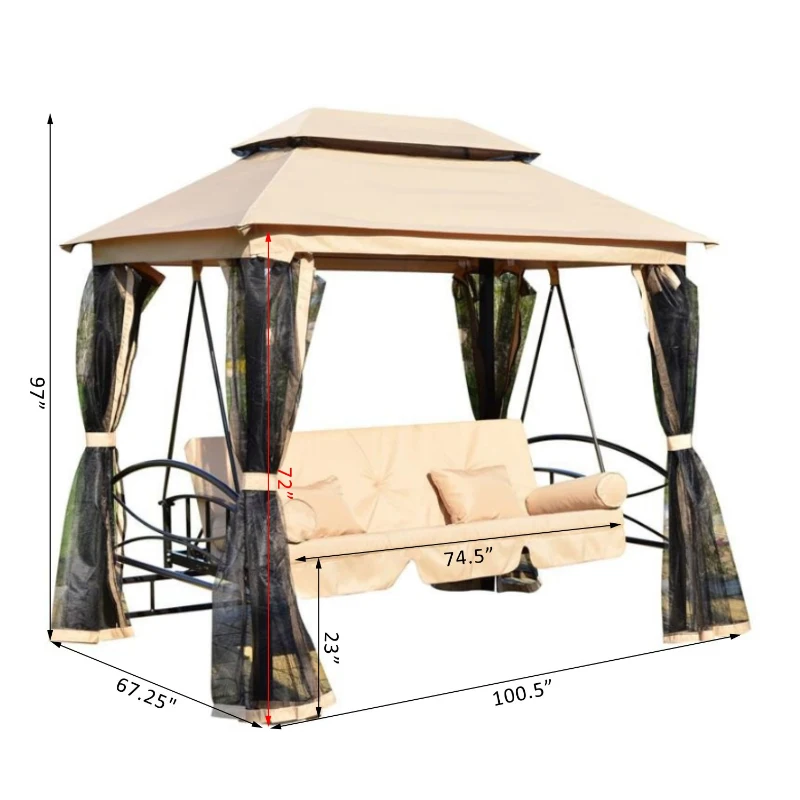 Outsunny Outdoor 3 Person Patio Daybed Canopy Gazebo Swing, Tan with Mesh Walls