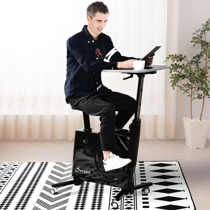 Soozier 2-in-1 Stationary Exercise Bike and Tabletop Workstation with LCD Monitor  Black