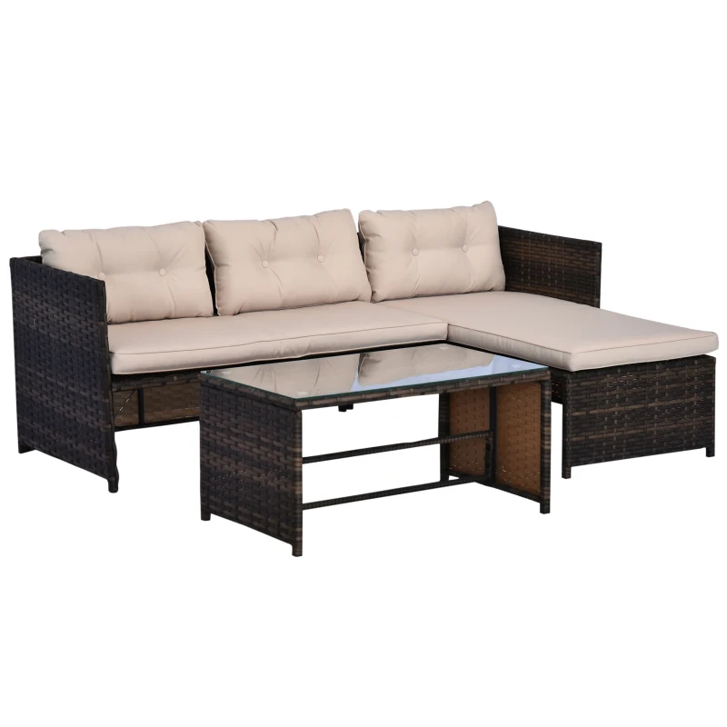 Outsunny 3 Piece Patio Furniture Set Outdoor Rattan Wicker Sectional with Coffee Table - Brown