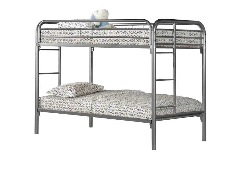 Monarch Metal Frame Twin Over Twin Size Ladder Bunk Bed - Silver Finish