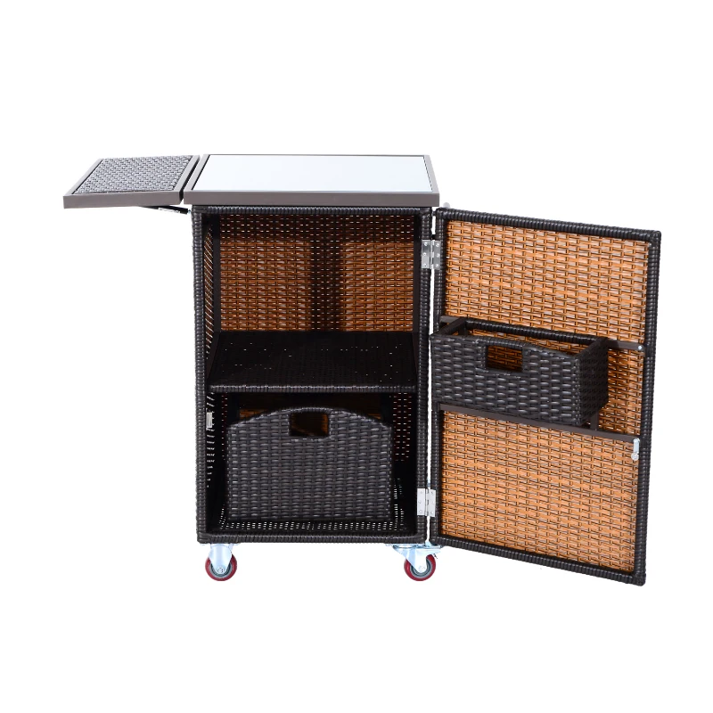 Outsunny 35” Rolling Rattan Wicker Kitchen Trolley Cart - Dark Brown
