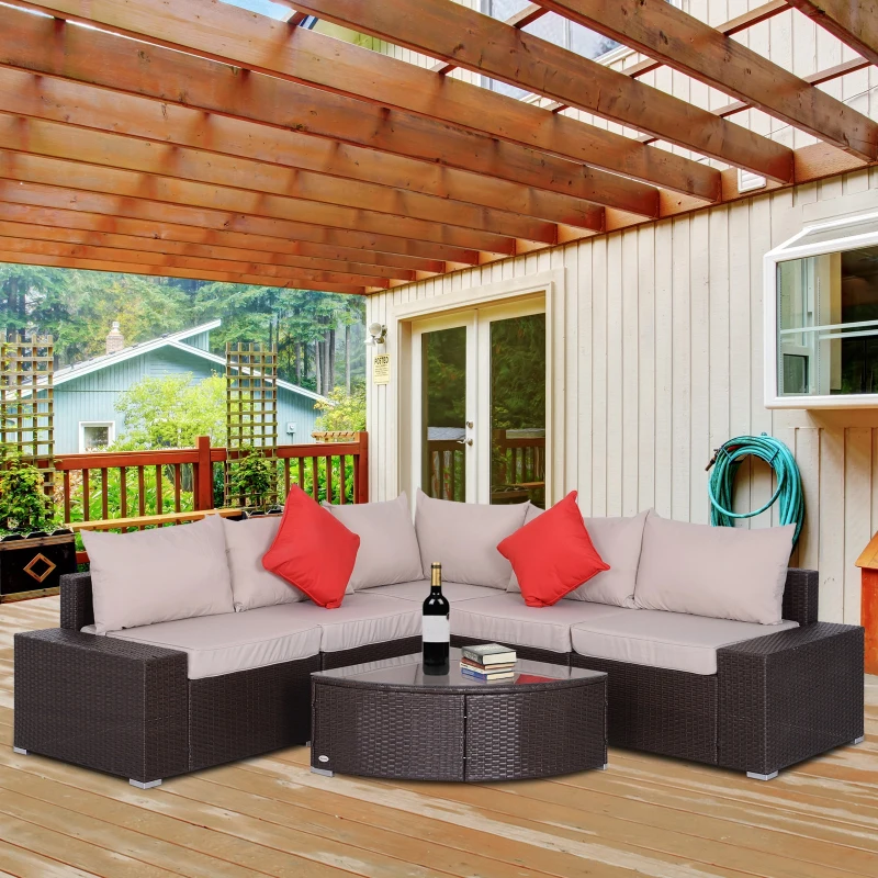 Outsunny 6 Piece Wicker Rattan Outdoor Patio Fan Shape Glass Coffee Table Furniture Set
