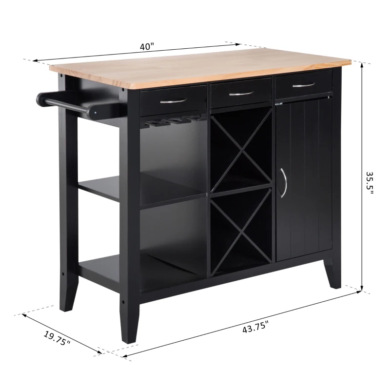 HomCom 44" Wooden Butcher Block Kitchen Island with Wine Rack - Black