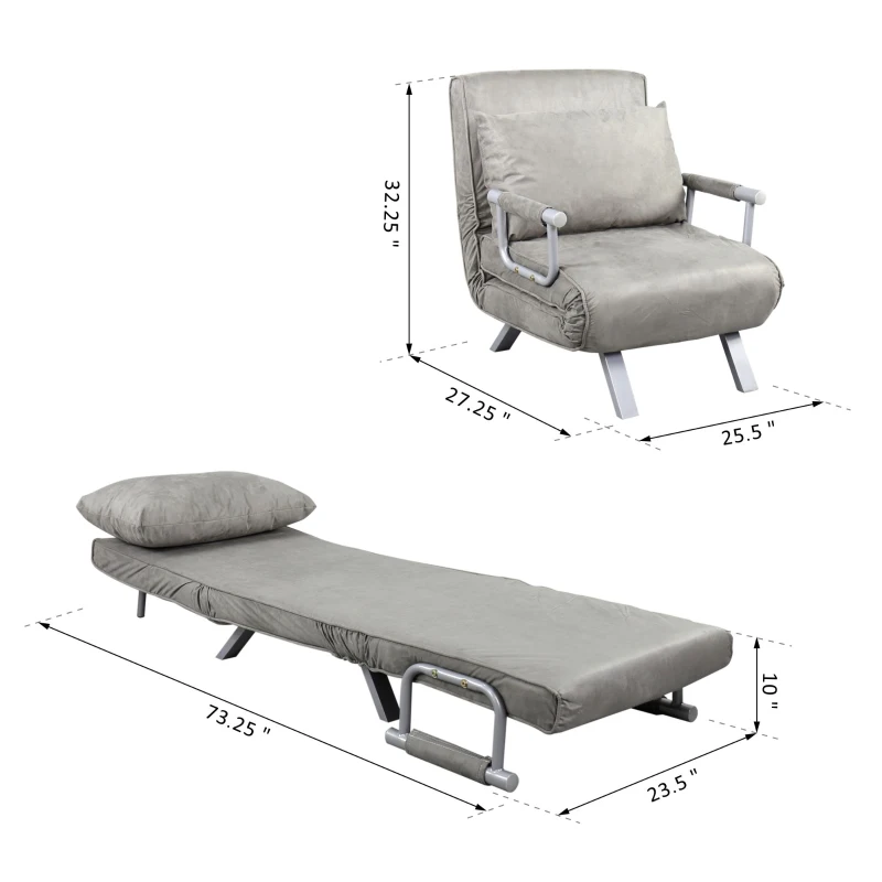 HomCom Single Person Folding 5 Position Steel Convertible Sleeper Bed Sofa Chair - Grey
