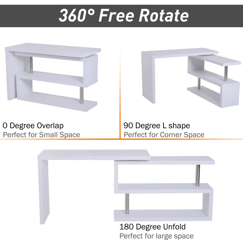 HomCom 75” L Shaped Writing Desk Rotating Desk Swivel Corner Home Office Study Desk - White