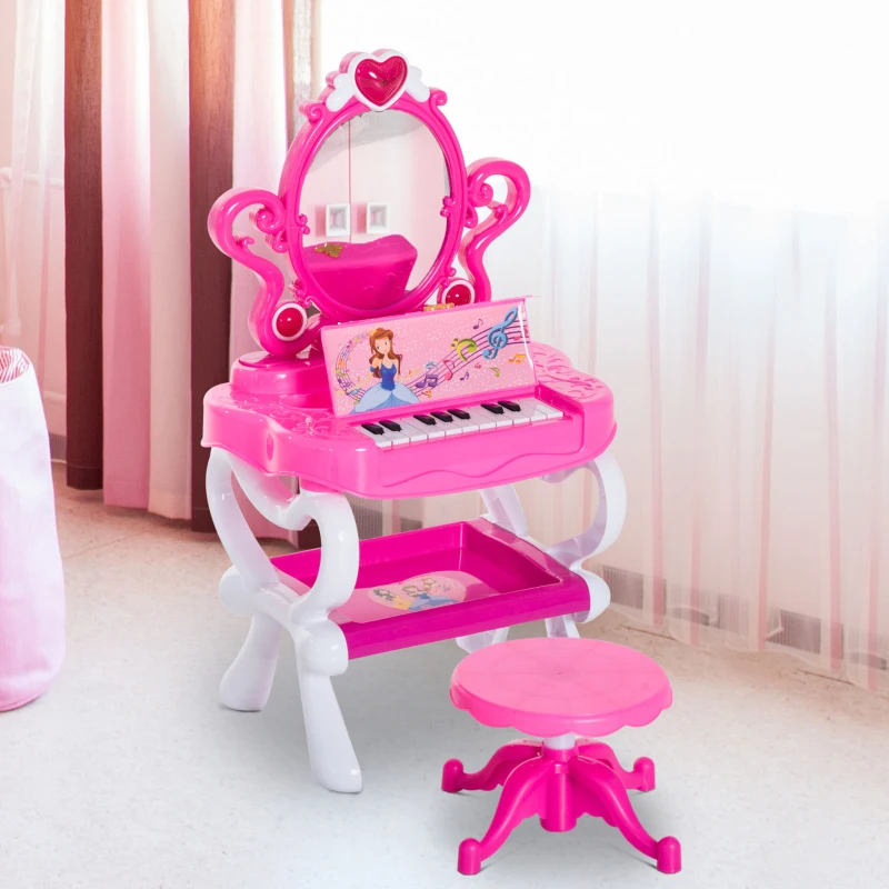 Qaba 2-in-1 Kids Piano Vanity Table Stool Princess Pretend Play Set with Lights