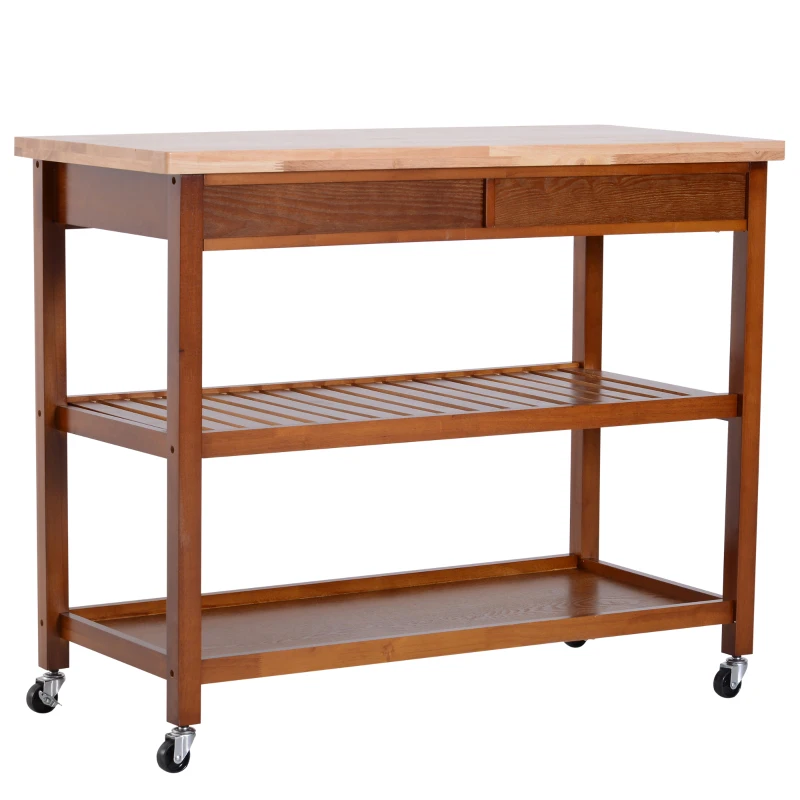 HomCom 44" 3-Tier Rubberwood Kitchen Island Cart on Wheels - Brown