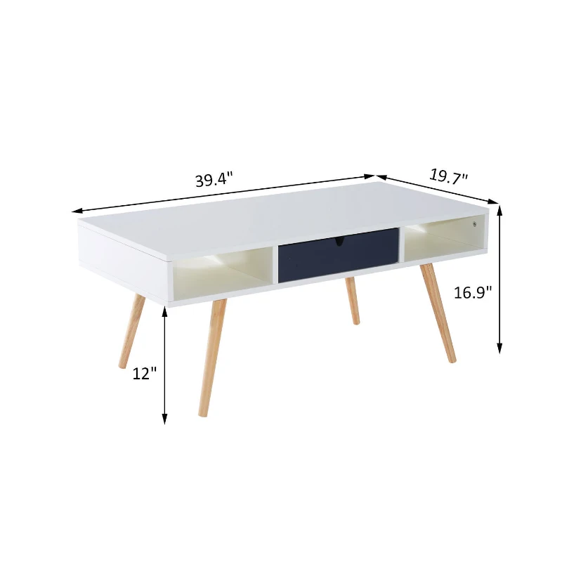 HomCom 40" Modern Wooden Coffee Table with Drawer - White / Blue Grey / Woodgrain