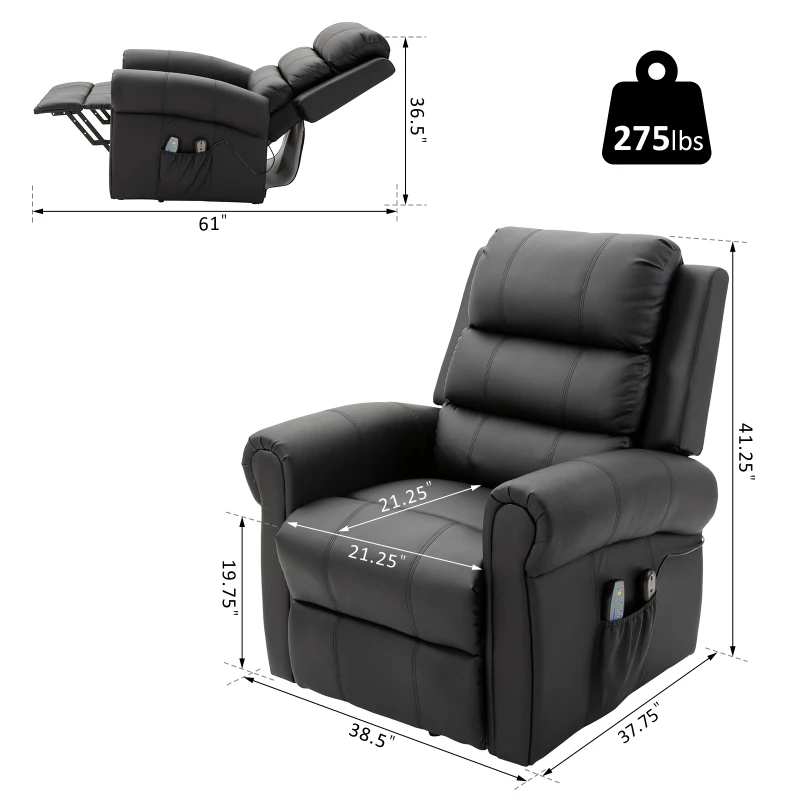 HOMCOM Power Lift Chair Heated Vibrating Massage Recliner Sofa with Remote PU Black