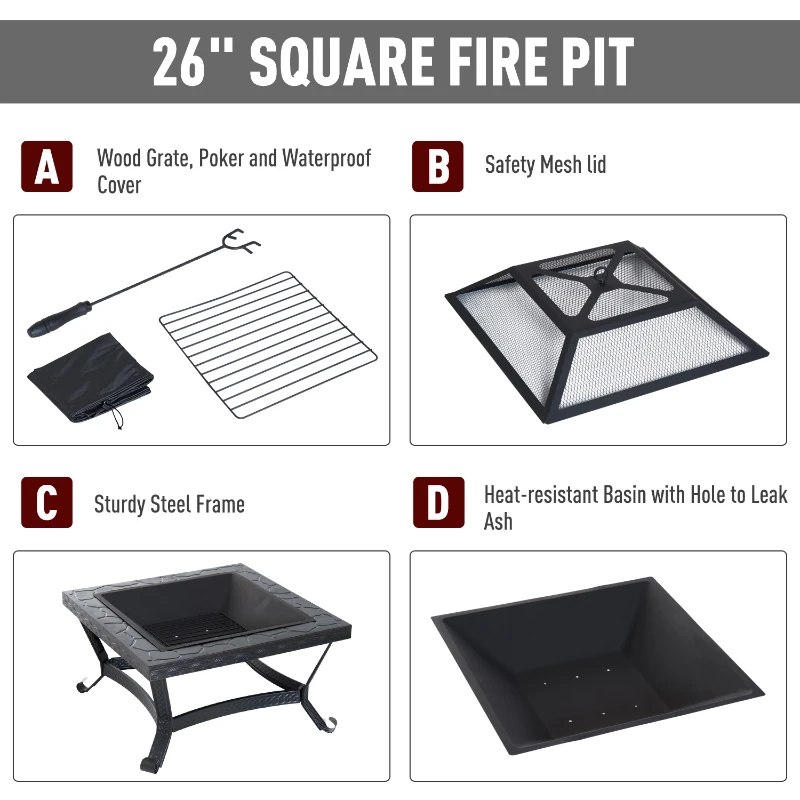 Outsunny 26" Square Steel Backyard Fire Pit With Cover And Accessories